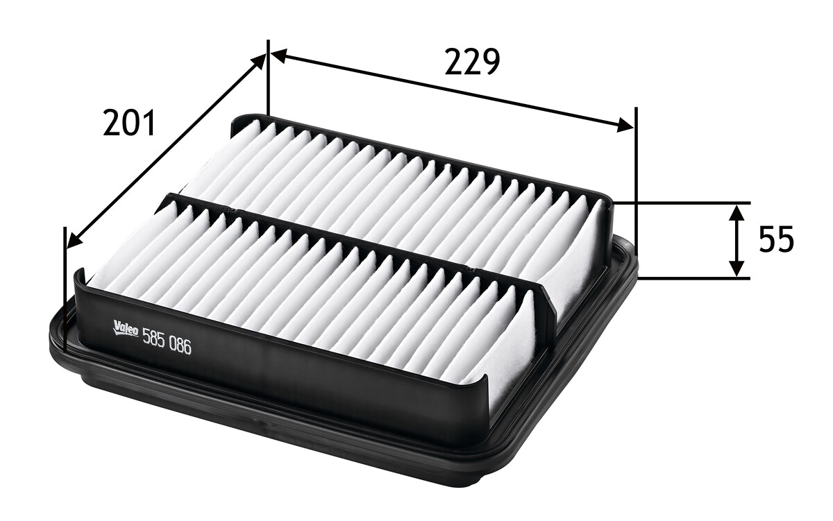 VALEO Luftfilter 585086 Filterindsats length_mm_203|Længde [mm]|230 width_mm_206|Bredde [mm]|201 height_mm_209|Højde [mm]|55 weight_kg_212|Vægt [kg]|0