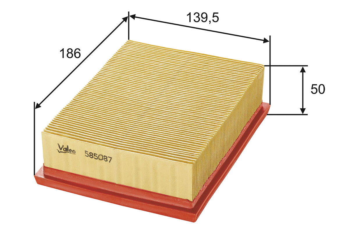 VALEO Luftfilter 585087 Filterindsats length_mm_203|Længde [mm]|186 width_mm_206|Bredde [mm]|140 height_mm_209|Højde [mm]|50 weight_kg_212|Vægt [kg]|0
