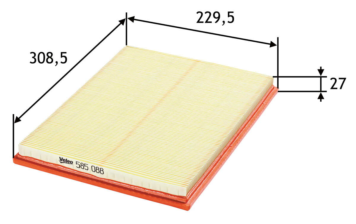 VALEO Luftfilter 585088 Filterindsats length_mm_203|Længde [mm]|306 width_mm_206|Bredde [mm]|228 height_mm_209|Højde [mm]|25 weight_kg_212|Vægt [kg]|0