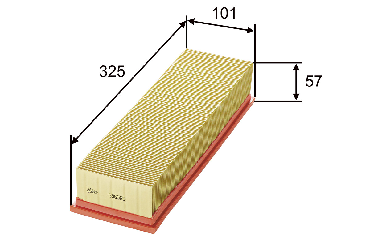 VALEO Luftfilter 585089 Filterindsats length_mm_203|Længde [mm]|325 width_mm_206|Bredde [mm]|101 height_mm_209|Højde [mm]|57 weight_kg_212|Vægt [kg]|0