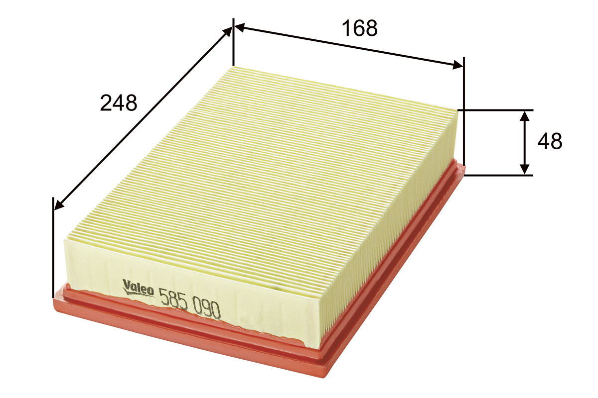 VALEO Luftfilter 585090 Filterindsats length_mm_203|Længde [mm]|248 width_mm_206|Bredde [mm]|168 height_mm_209|Højde [mm]|48 weight_kg_212|Vægt [kg]|0