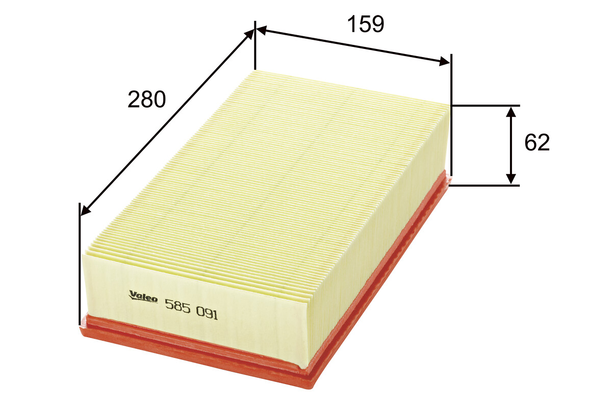VALEO Luftfilter 585091 Filterindsats length_mm_203|Længde [mm]|285 width_mm_206|Bredde [mm]|160 height_mm_209|Højde [mm]|57 weight_kg_212|Vægt [kg]|0