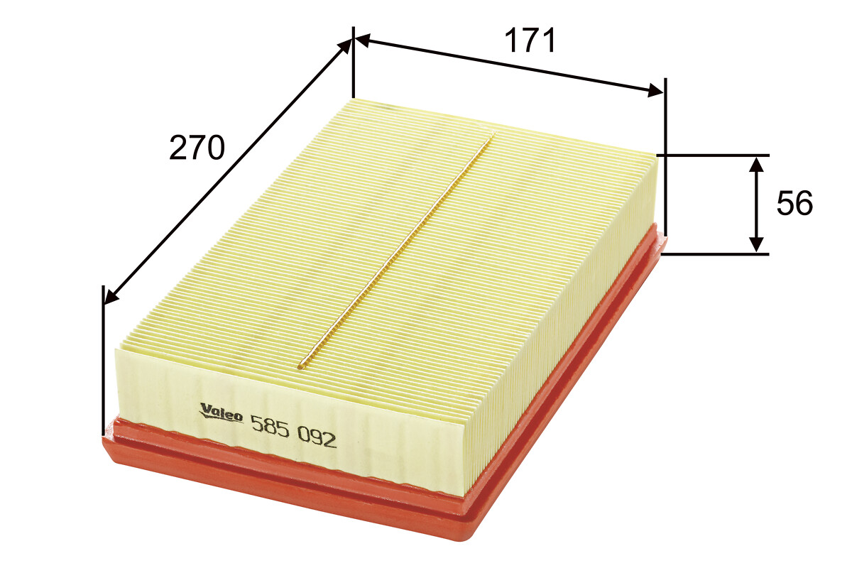 VALEO Luftfilter 585092 Filterindsats length_mm_203|Længde [mm]|270 width_mm_206|Bredde [mm]|171 height_mm_209|Højde [mm]|51 weight_kg_212|Vægt [kg]|0