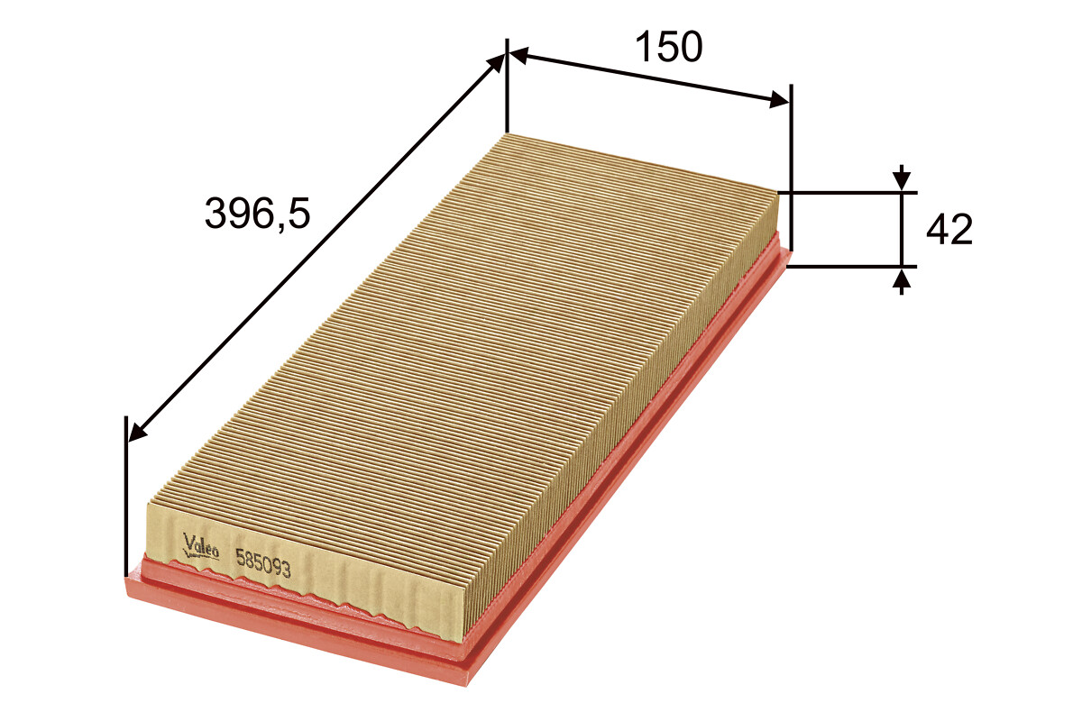 VALEO Luftfilter 585093 Filterindsats length_mm_203|Længde [mm]|396 width_mm_206|Bredde [mm]|150 height_mm_209|Højde [mm]|42 weight_kg_212|Vægt [kg]|0