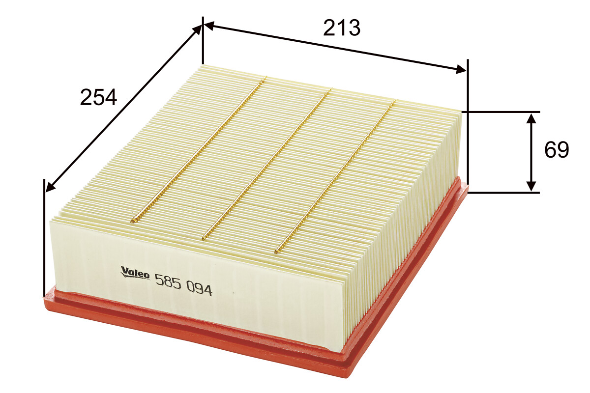 VALEO Luftfilter 585094 Filterindsats length_mm_203|Længde [mm]|254 width_mm_206|Bredde [mm]|213 height_mm_209|Højde [mm]|69 weight_kg_212|Vægt [kg]|0