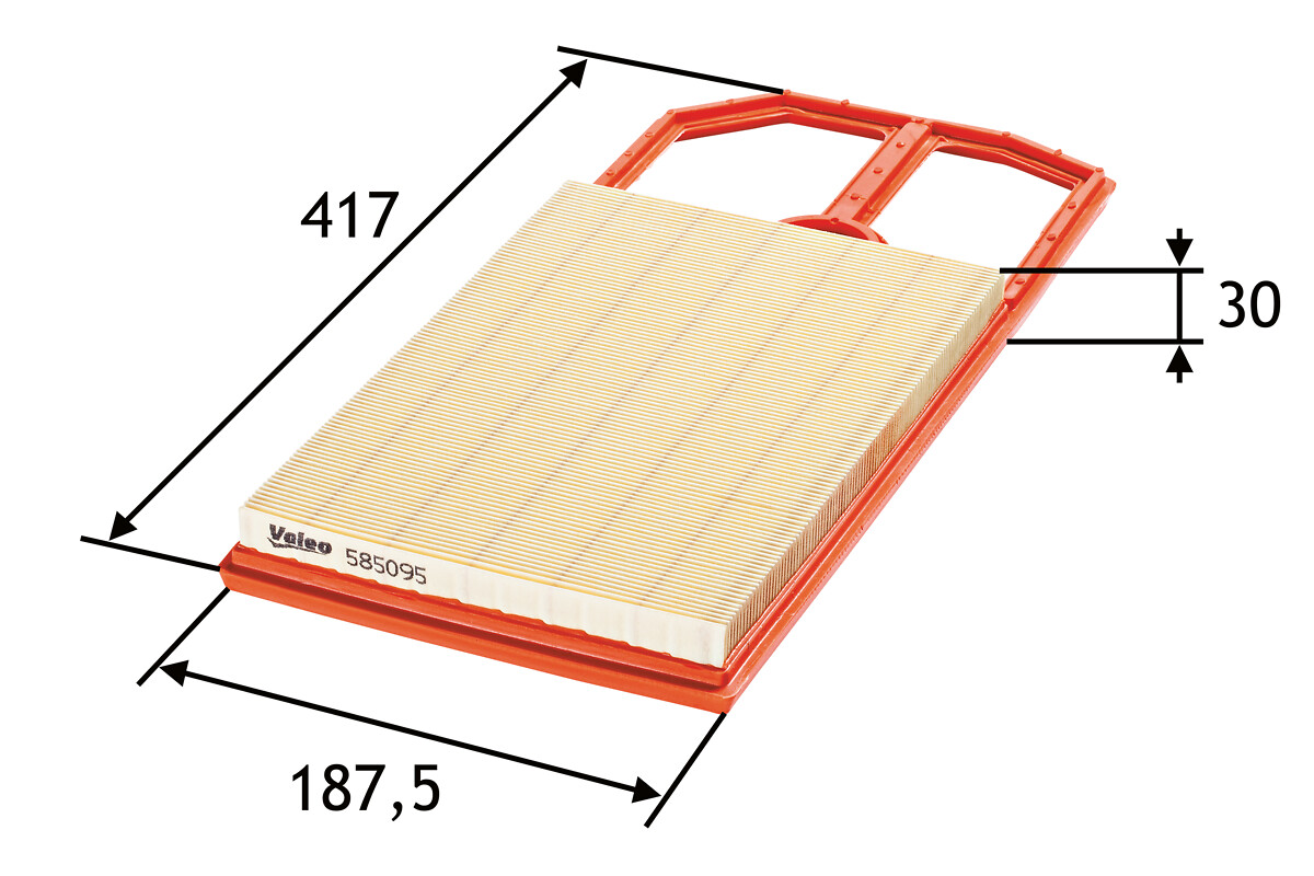 VALEO Luftfilter 585095 Filterindsats length_mm_203|Længde [mm]|419 width_mm_206|Bredde [mm]|188 height_mm_209|Højde [mm]|32 weight_kg_212|Vægt [kg]|0