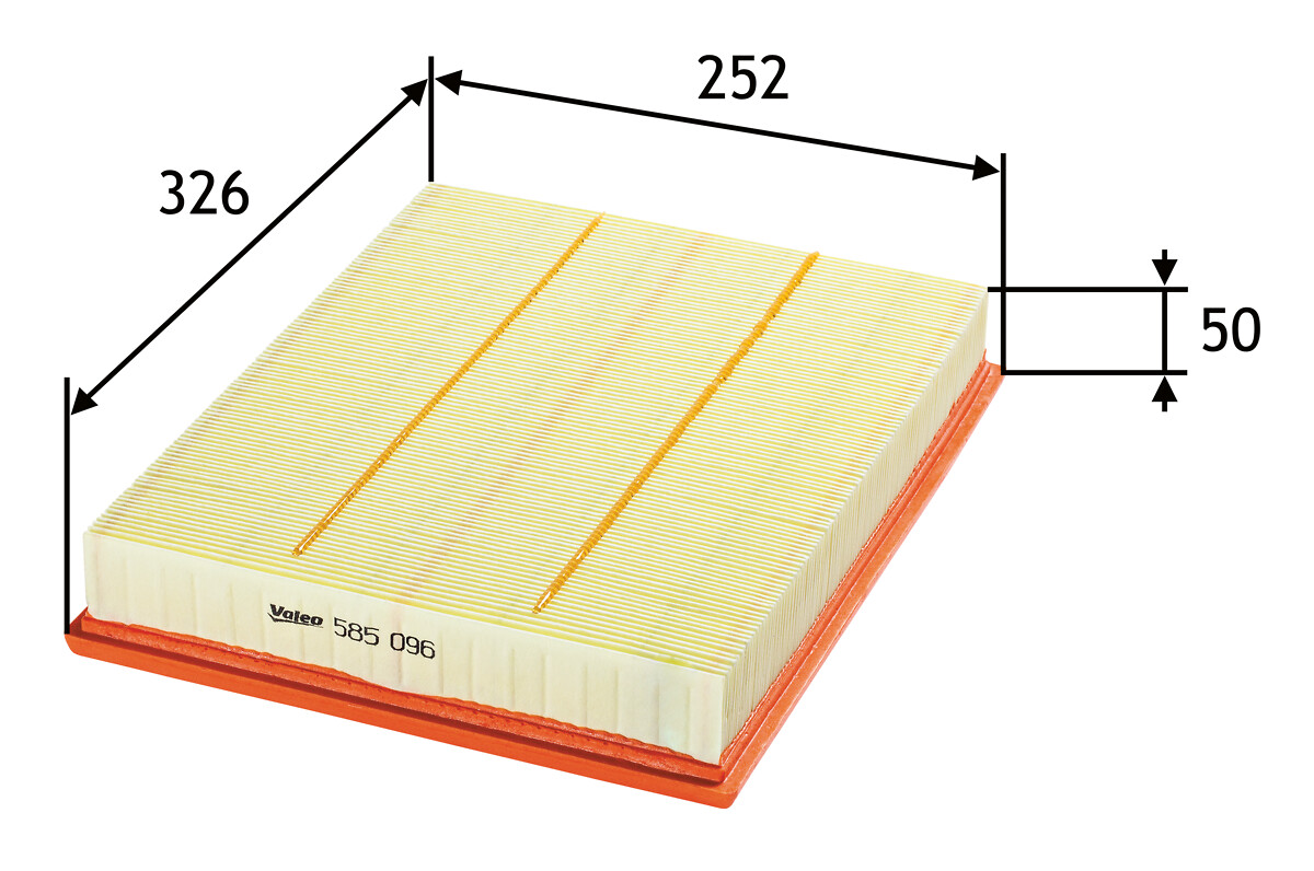 VALEO Luftfilter 585096 Filterindsats length_mm_203|Længde [mm]|326 width_mm_206|Bredde [mm]|252 height_mm_209|Højde [mm]|50 weight_kg_212|Vægt [kg]|0