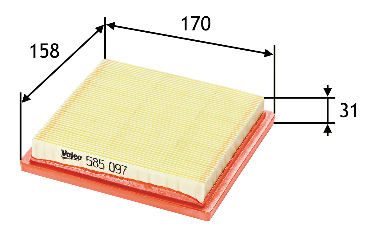 VALEO Luftfilter 585097 Filterindsats length_mm_203|Længde [mm]|170 width_mm_206|Bredde [mm]|158 height_mm_209|Højde [mm]|34 weight_kg_212|Vægt [kg]|0