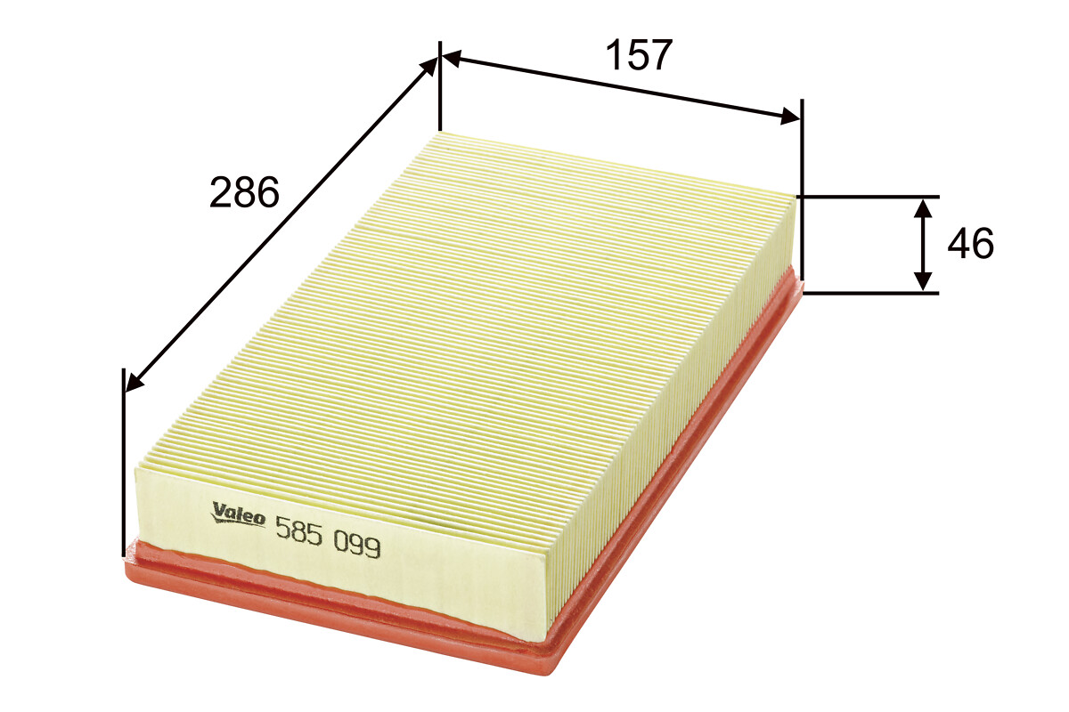 VALEO Luftfilter 585099 Filterindsats length_mm_203|Længde [mm]|287 width_mm_206|Bredde [mm]|156 height_mm_209|Højde [mm]|45 weight_kg_212|Vægt [kg]|0