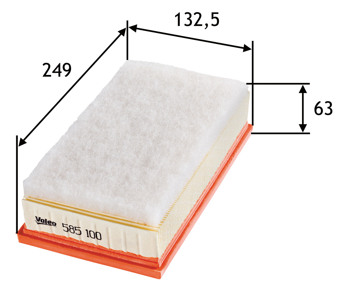 VALEO Luftfilter 585100 Filterindsats length_mm_203|Længde [mm]|253 width_mm_206|Bredde [mm]|135 height_mm_209|Højde [mm]|58 supplementary_articleinfo