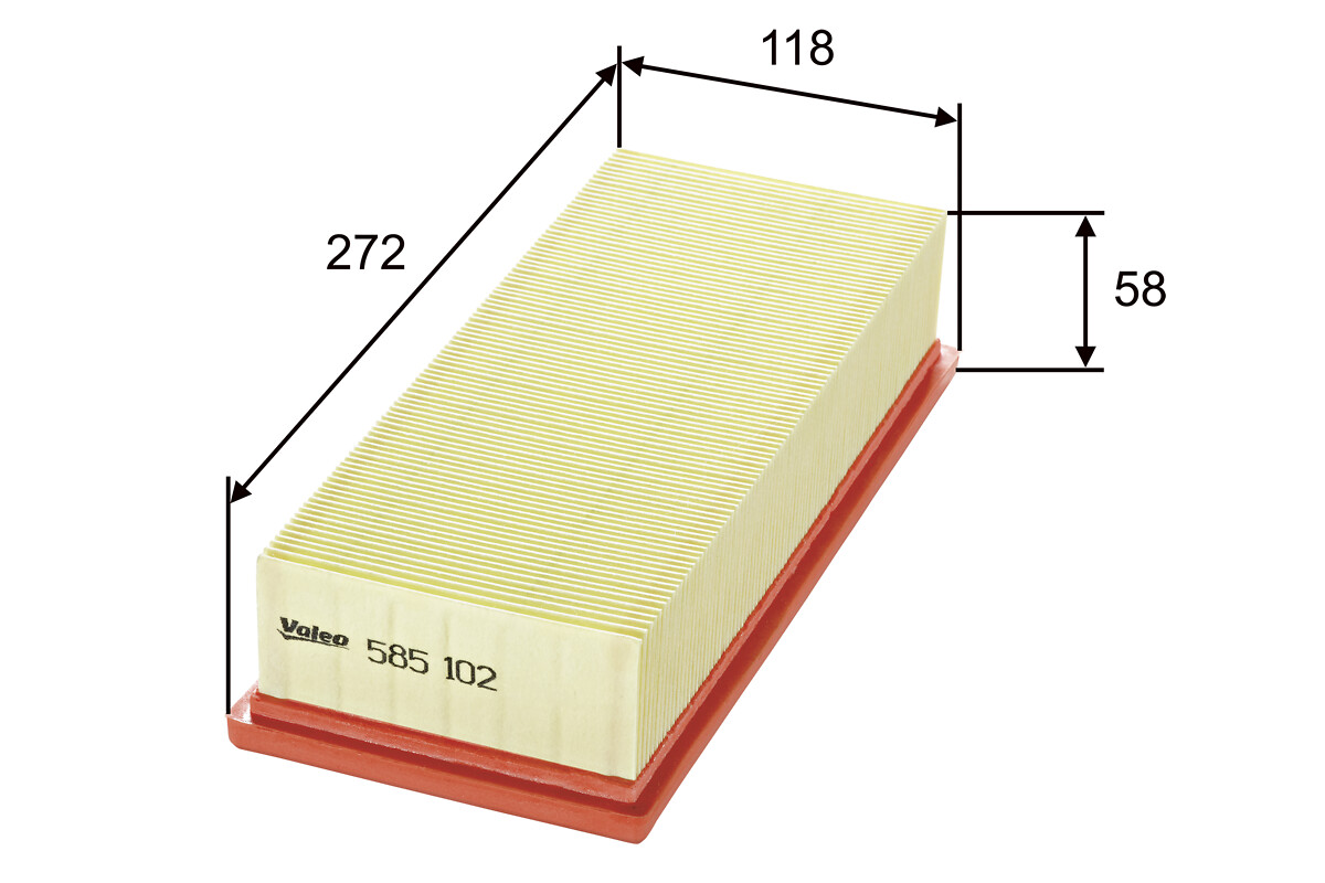 VALEO Luftfilter 585102 Filterindsats length_mm_203|Længde [mm]|271 width_mm_206|Bredde [mm]|118 height_mm_209|Højde [mm]|57 weight_kg_212|Vægt [kg]|0