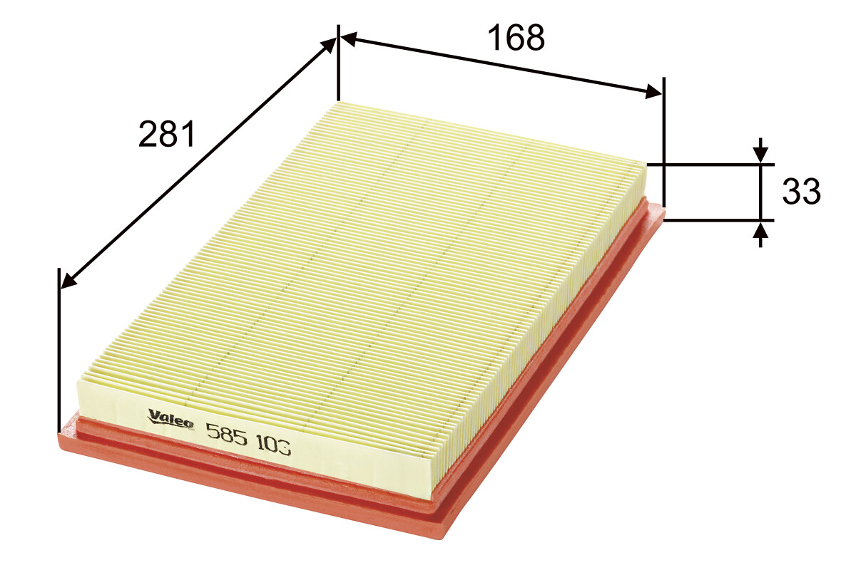 VALEO Luftfilter 585103 Filterindsats length_mm_203|Længde [mm]|286 width_mm_206|Bredde [mm]|168 height_mm_209|Højde [mm]|33 weight_kg_212|Vægt [kg]|0