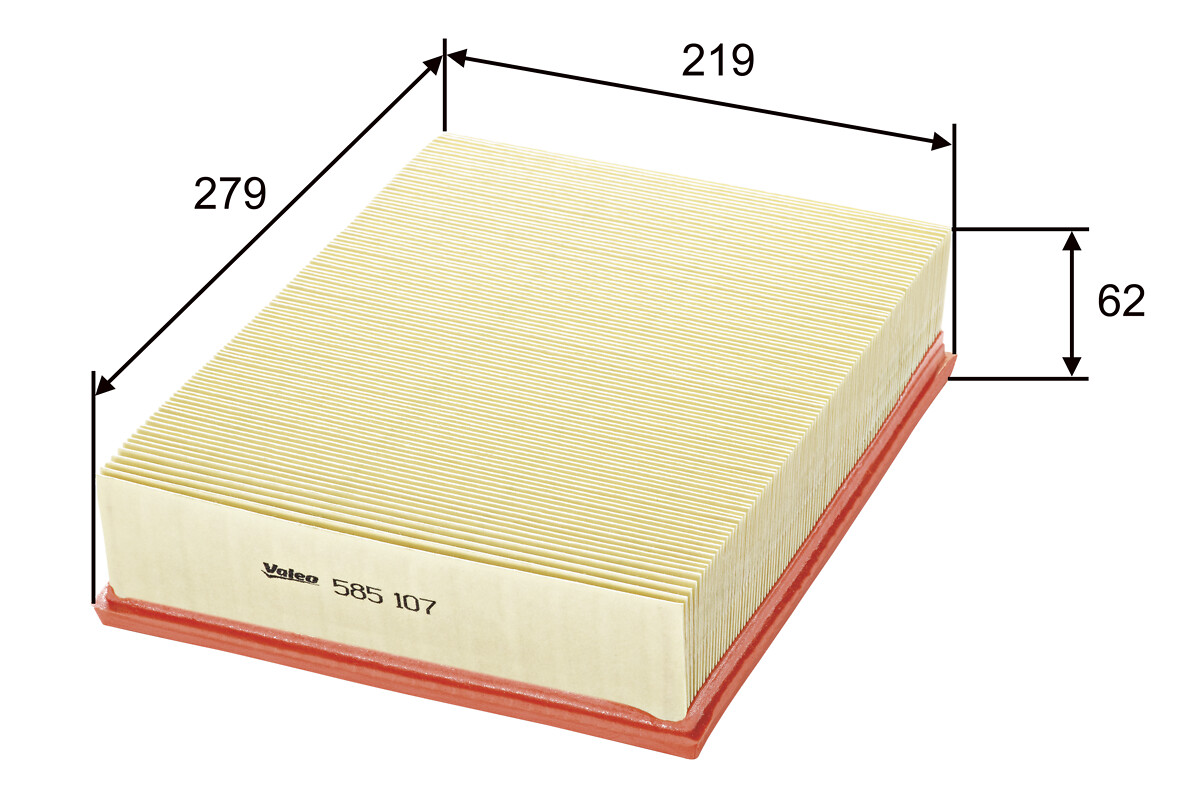 VALEO Luftfilter 585107 Filterindsats length_mm_203|Længde [mm]|277 width_mm_206|Bredde [mm]|218 height_mm_209|Højde [mm]|72 weight_kg_212|Vægt [kg]|0