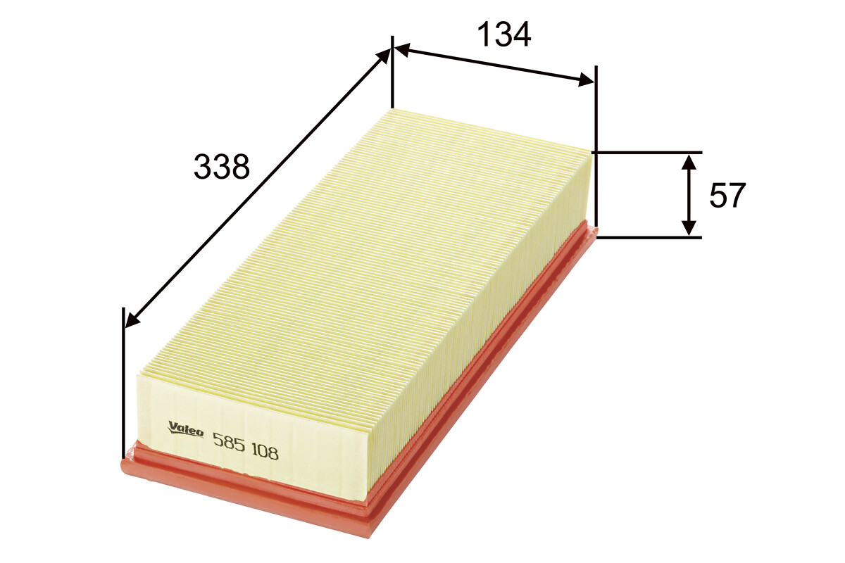 VALEO Luftfilter 585108 Filterindsats length_mm_203|Længde [mm]|334 width_mm_206|Bredde [mm]|134 height_mm_209|Højde [mm]|57 weight_kg_212|Vægt [kg]|0