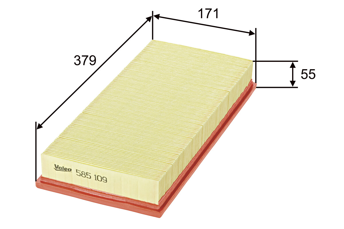 VALEO Luftfilter 585109 Filterindsats length_mm_203|Længde [mm]|380 width_mm_206|Bredde [mm]|171 height_mm_209|Højde [mm]|50 weight_kg_212|Vægt [kg]|0