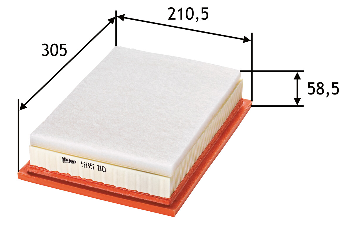VALEO Luftfilter 585110 Filterindsats length_mm_203|Længde [mm]|305 width_mm_206|Bredde [mm]|211 height_mm_209|Højde [mm]|59 supplementary_articleinfo