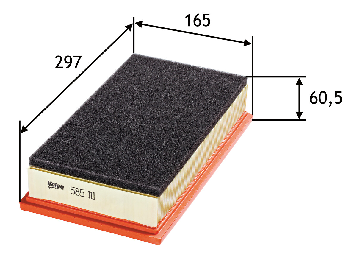 VALEO Luftfilter 585111 Filterindsats length_mm_203|Længde [mm]|298 width_mm_206|Bredde [mm]|165 height_mm_209|Højde [mm]|55 supplementary_articleinfo