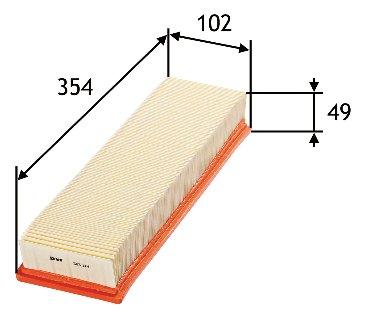 VALEO Luftfilter 585114 Filterindsats length_mm_203|Længde [mm]|354 width_mm_206|Bredde [mm]|103 height_mm_209|Højde [mm]|50 weight_kg_212|Vægt [kg]|0