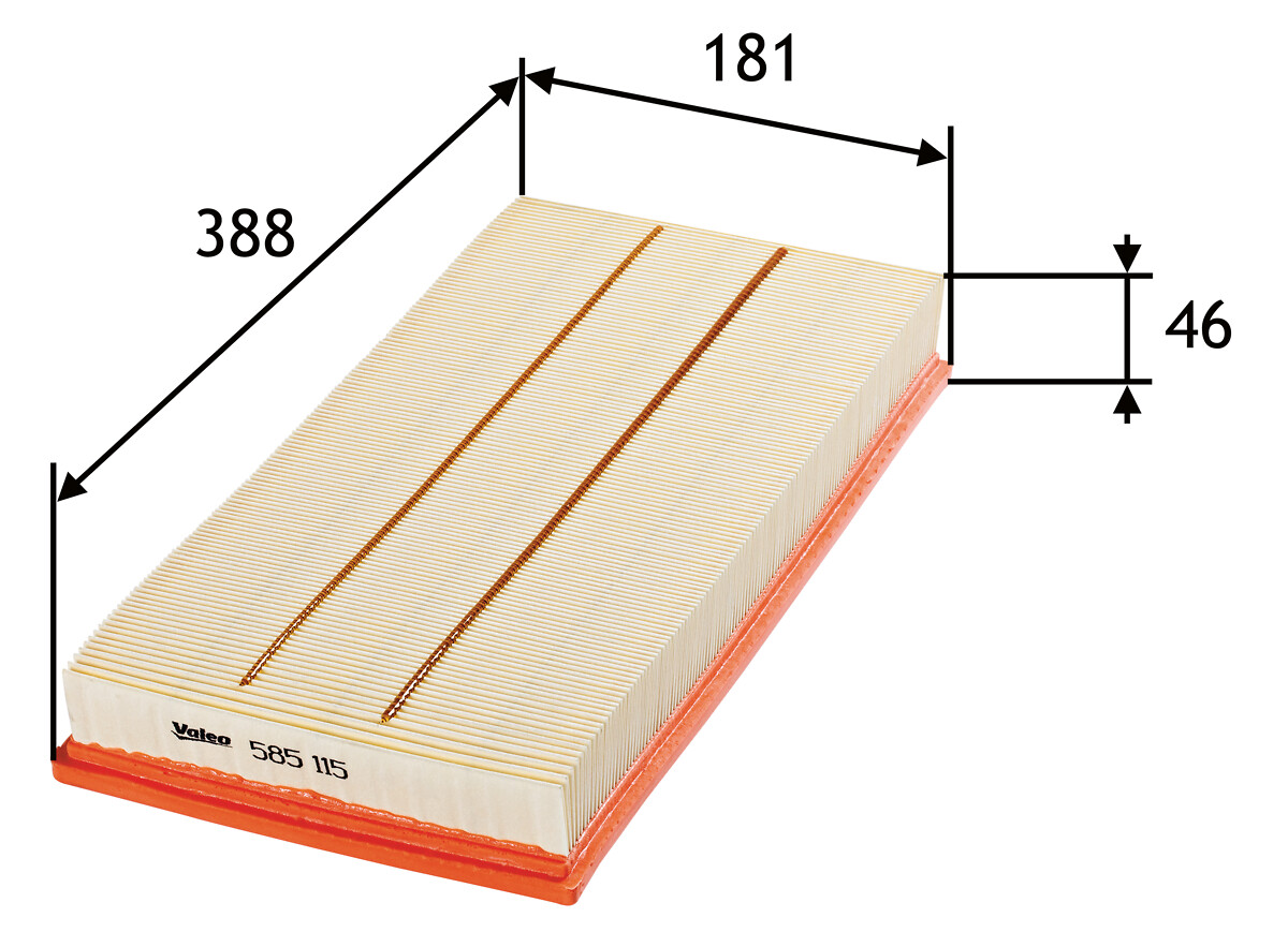 VALEO Luftfilter 585115 Filterindsats length_mm_203|Længde [mm]|395 width_mm_206|Bredde [mm]|182 height_mm_209|Højde [mm]|46 weight_kg_212|Vægt [kg]|0