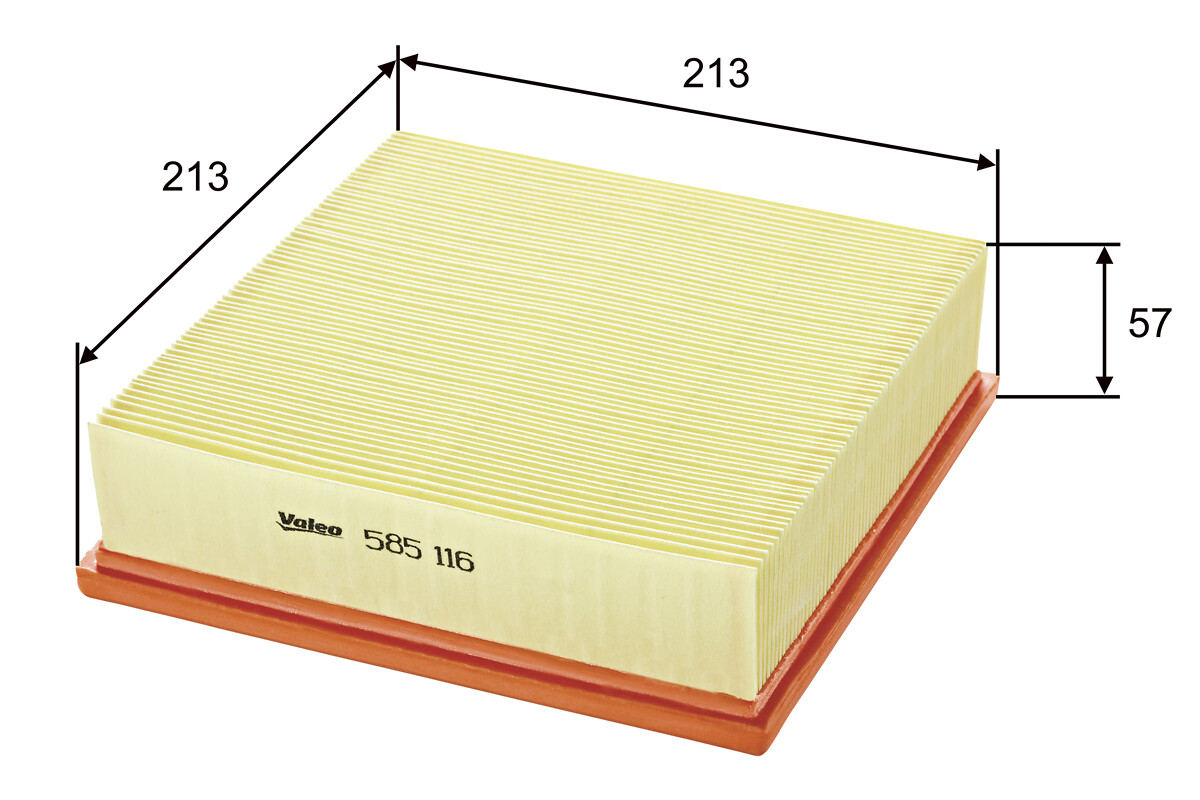 VALEO Luftfilter 585116 Filterindsats length_mm_203|Længde [mm]|213 width_mm_206|Bredde [mm]|213 height_mm_209|Højde [mm]|58 weight_kg_212|Vægt [kg]|0