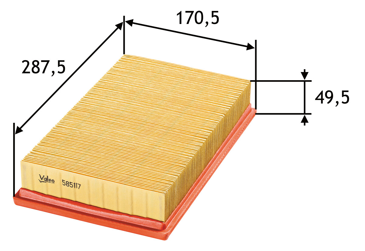 VALEO Luftfilter 585117 Filterindsats length_mm_203|Længde [mm]|288 width_mm_206|Bredde [mm]|171 height_mm_209|Højde [mm]|55 weight_kg_212|Vægt [kg]|0