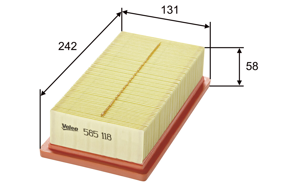 VALEO Luftfilter 585118 Filterindsats length_mm_203|Længde [mm]|245 width_mm_206|Bredde [mm]|131 height_mm_209|Højde [mm]|58 weight_kg_212|Vægt [kg]|0