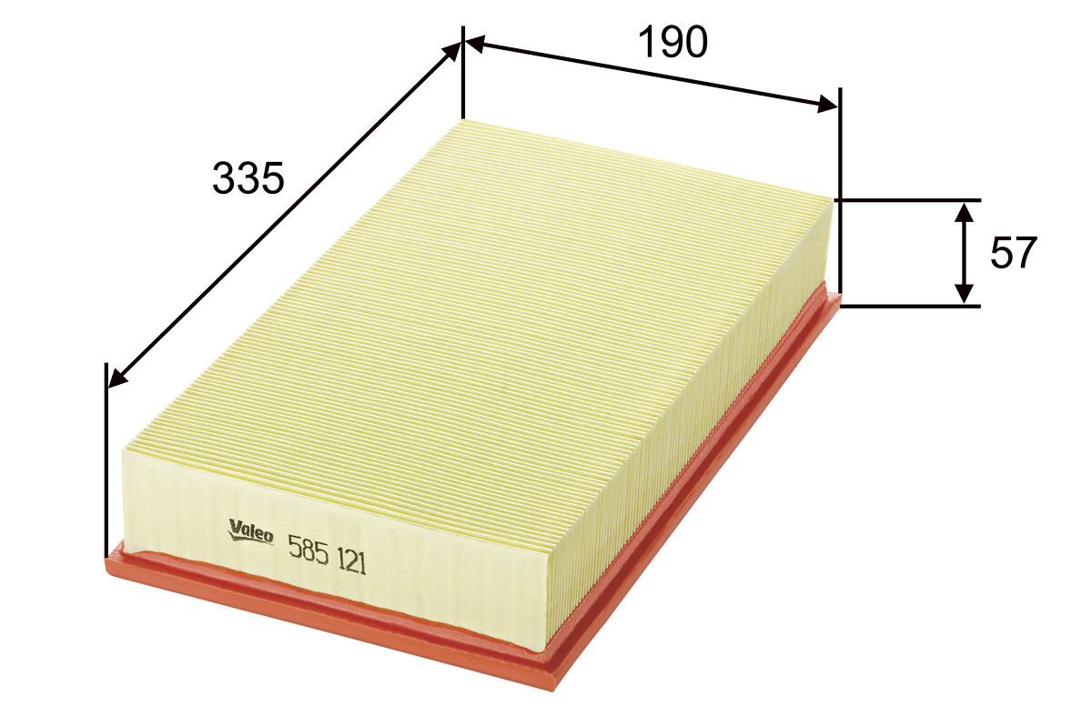 VALEO Luftfilter 585121 Filterindsats length_mm_203|Længde [mm]|336 width_mm_206|Bredde [mm]|190 height_mm_209|Højde [mm]|58 weight_kg_212|Vægt [kg]|0