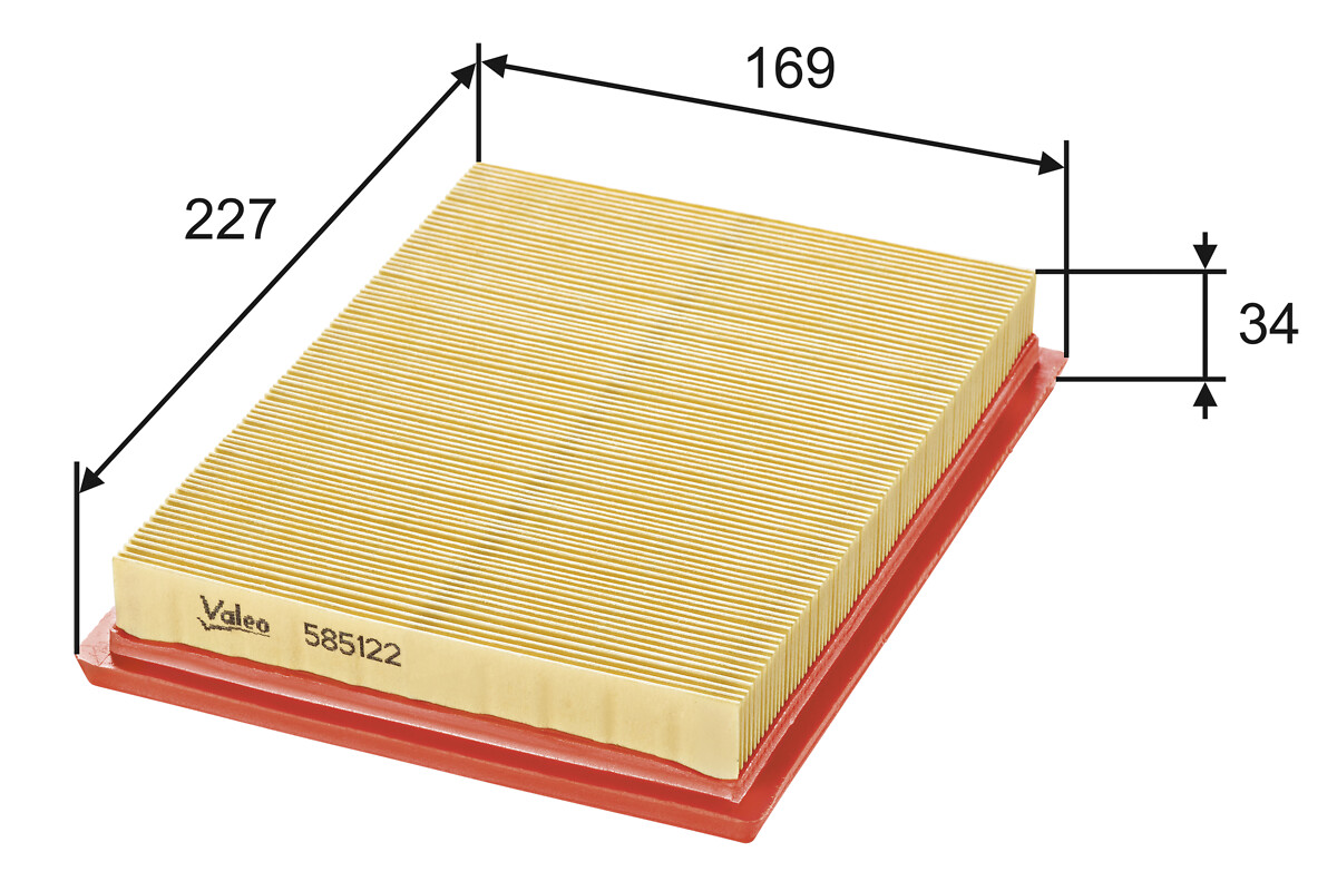 VALEO Luftfilter 585122 Filterindsats length_mm_203|Længde [mm]|227 width_mm_206|Bredde [mm]|170 height_mm_209|Højde [mm]|34 weight_kg_212|Vægt [kg]|0