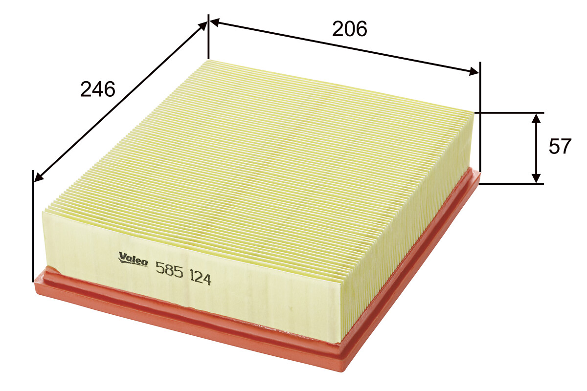 VALEO Luftfilter 585124 Filterindsats length_mm_203|Længde [mm]|246 width_mm_206|Bredde [mm]|207 height_mm_209|Højde [mm]|58 weight_kg_212|Vægt [kg]|0
