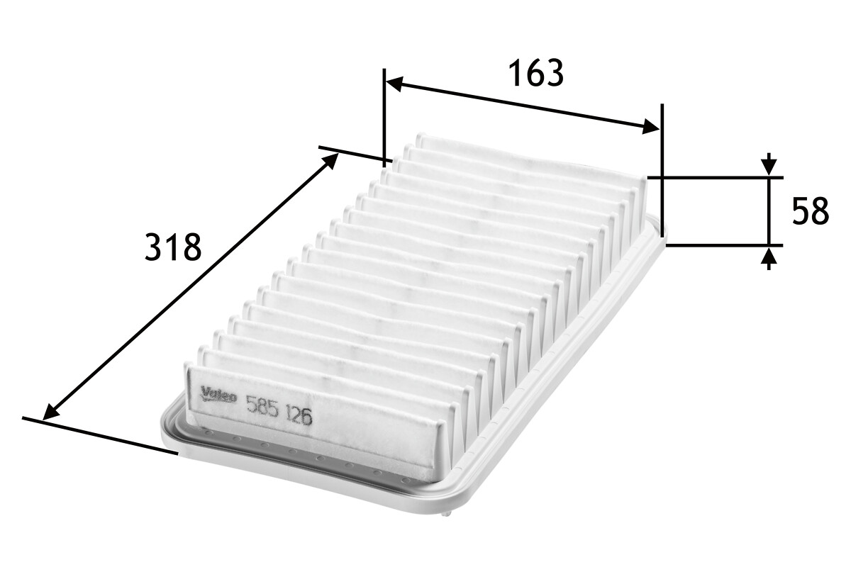 VALEO Luftfilter 585126 Filterindsats length_mm_203|Længde [mm]|312 width_mm_206|Bredde [mm]|150 height_mm_209|Højde [mm]|70 weight_kg_212|Vægt [kg]|0