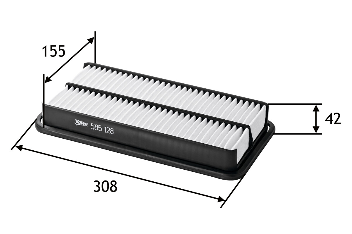 VALEO Luftfilter 585128 Filterindsats length_mm_203|Længde [mm]|307 width_mm_206|Bredde [mm]|153 height_mm_209|Højde [mm]|42 weight_kg_212|Vægt [kg]|0