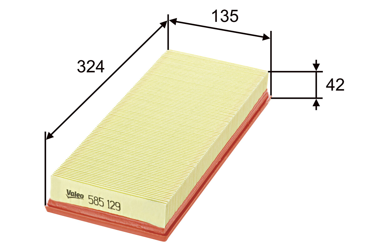 VALEO Luftfilter 585129 Filterindsats length_mm_203|Længde [mm]|323 width_mm_206|Bredde [mm]|135 height_mm_209|Højde [mm]|42 weight_kg_212|Vægt [kg]|0