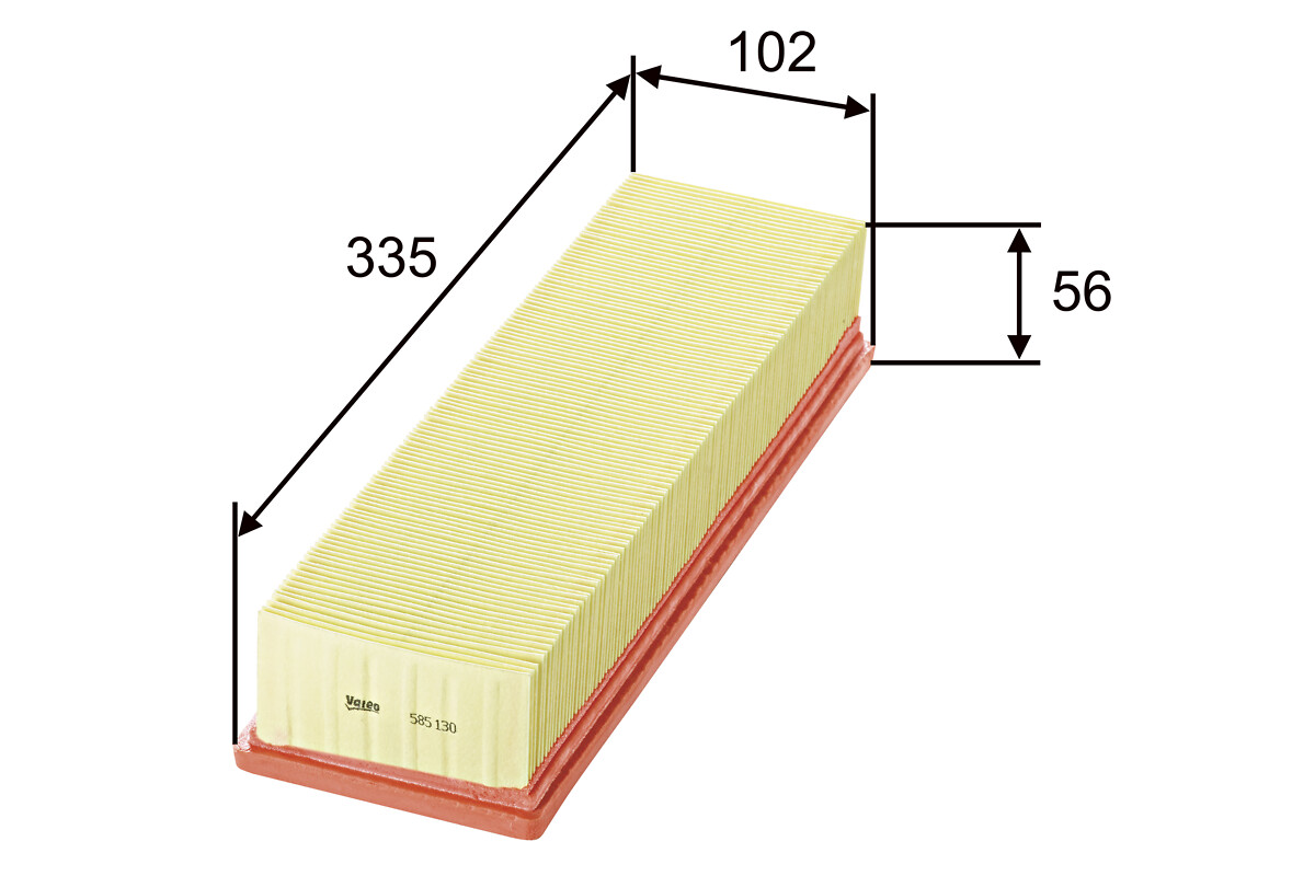 VALEO Luftfilter 585130 Filterindsats length_mm_203|Længde [mm]|335 width_mm_206|Bredde [mm]|102 height_mm_209|Højde [mm]|58 weight_kg_212|Vægt [kg]|0