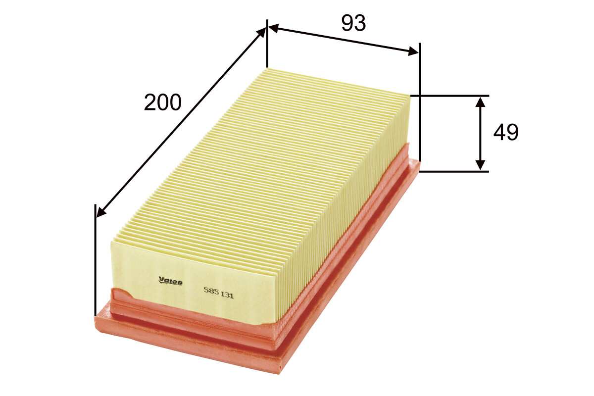 VALEO Luftfilter 585131 Filterindsats length_mm_203|Længde [mm]|200 width_mm_206|Bredde [mm]|94 height_mm_209|Højde [mm]|49 weight_kg_212|Vægt [kg]|0,