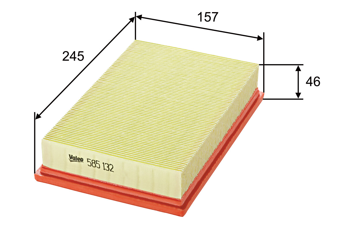 VALEO Luftfilter 585132 Filterindsats length_mm_203|Længde [mm]|250 width_mm_206|Bredde [mm]|150 height_mm_209|Højde [mm]|38 weight_kg_212|Vægt [kg]|0