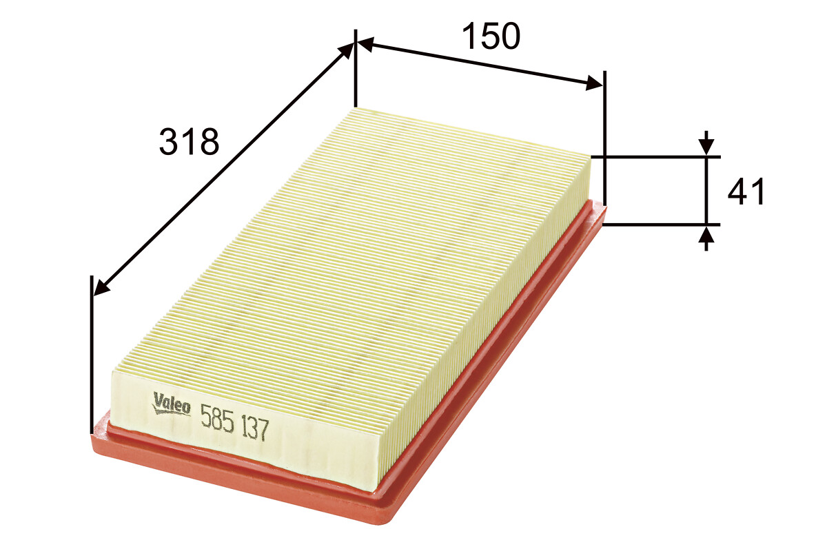 VALEO Luftfilter 585137 Filterindsats length_mm_203|Længde [mm]|320 width_mm_206|Bredde [mm]|151 height_mm_209|Højde [mm]|41 weight_kg_212|Vægt [kg]|0