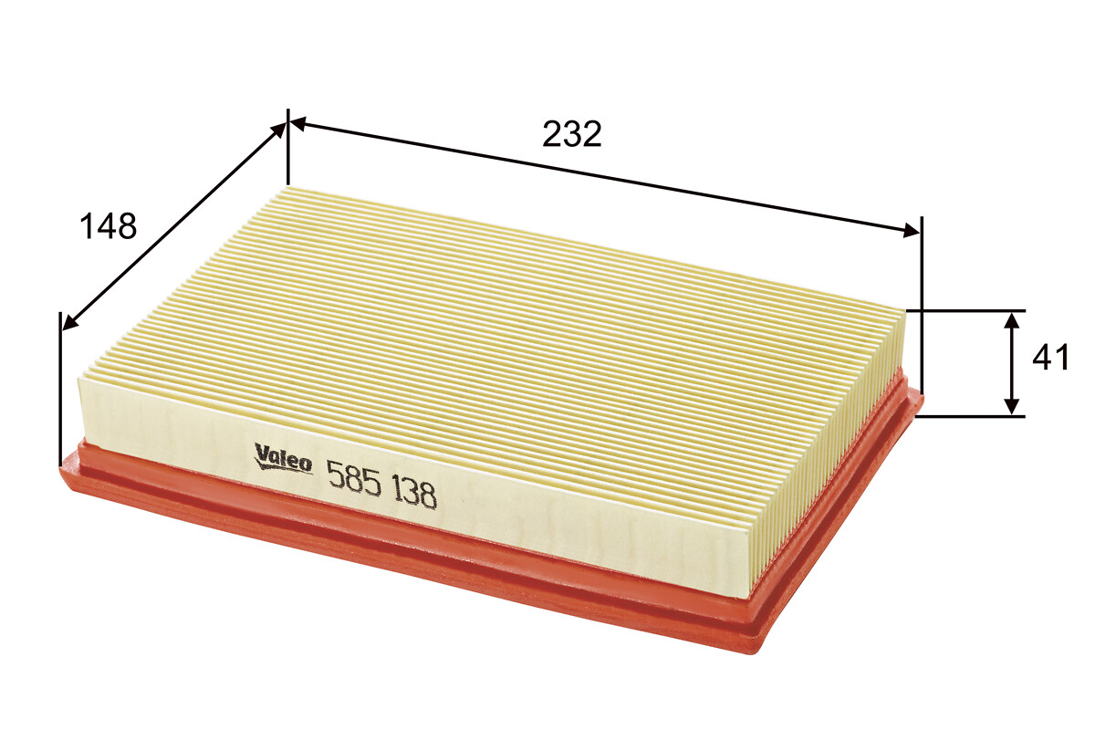 VALEO Luftfilter 585138 Filterindsats length_mm_203|Længde [mm]|231 width_mm_206|Bredde [mm]|144 height_mm_209|Højde [mm]|42 weight_kg_212|Vægt [kg]|0