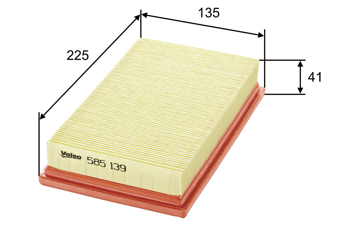VALEO Luftfilter 585139 Filterindsats length_mm_203|Længde [mm]|225 width_mm_206|Bredde [mm]|135 height_mm_209|Højde [mm]|37 weight_kg_212|Vægt [kg]|0