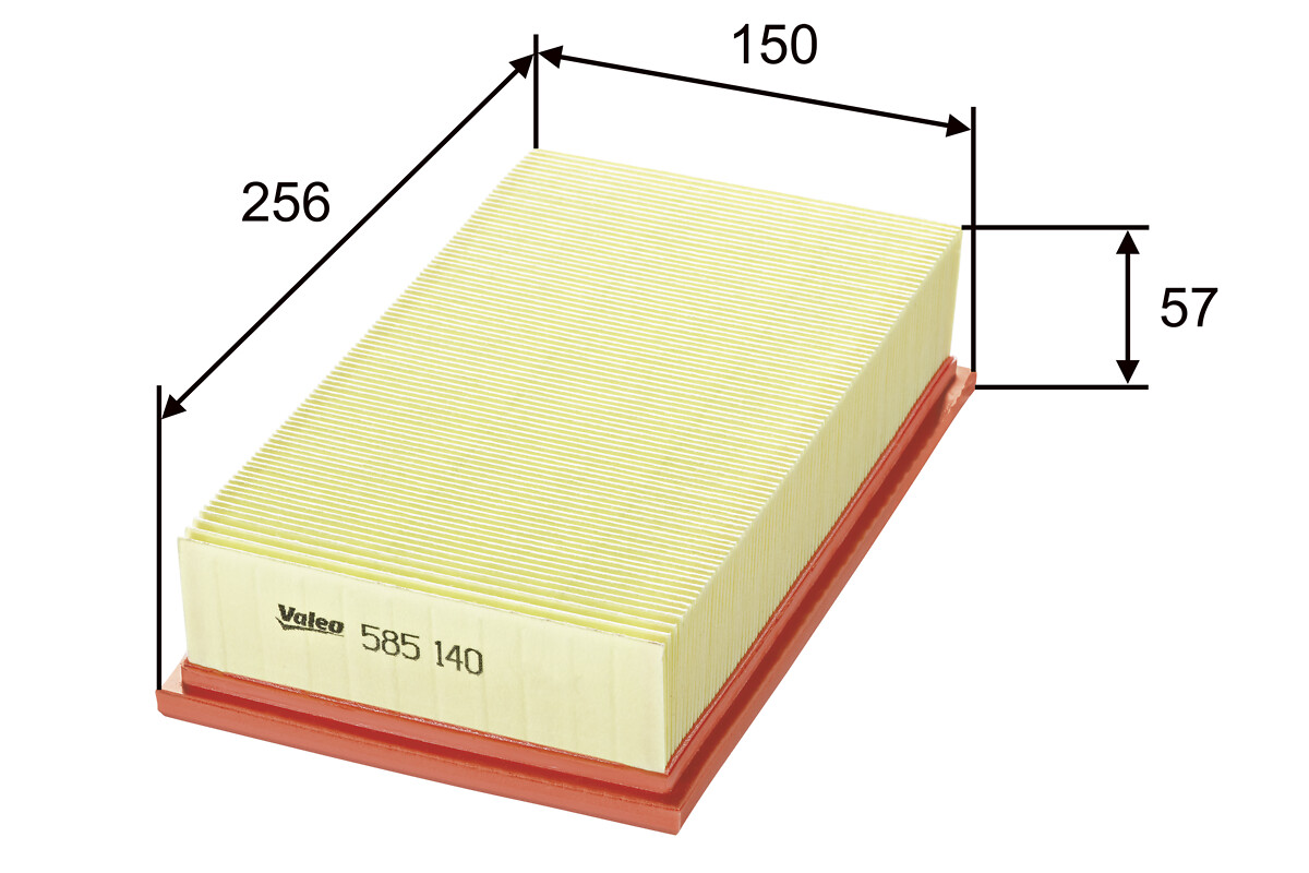 VALEO Luftfilter 585140 Filterindsats length_mm_203|Længde [mm]|256 width_mm_206|Bredde [mm]|150 height_mm_209|Højde [mm]|57 weight_kg_212|Vægt [kg]|0