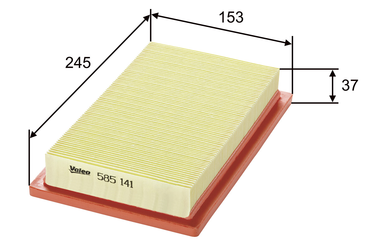 VALEO Luftfilter 585141 Filterindsats length_mm_203|Længde [mm]|246 width_mm_206|Bredde [mm]|153 height_mm_209|Højde [mm]|36 weight_kg_212|Vægt [kg]|0