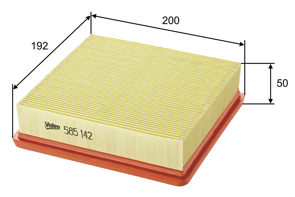 VALEO Luftfilter 585142 Filterindsats length_mm_203|Længde [mm]|191 width_mm_206|Bredde [mm]|199 height_mm_209|Højde [mm]|41 weight_kg_212|Vægt [kg]|0