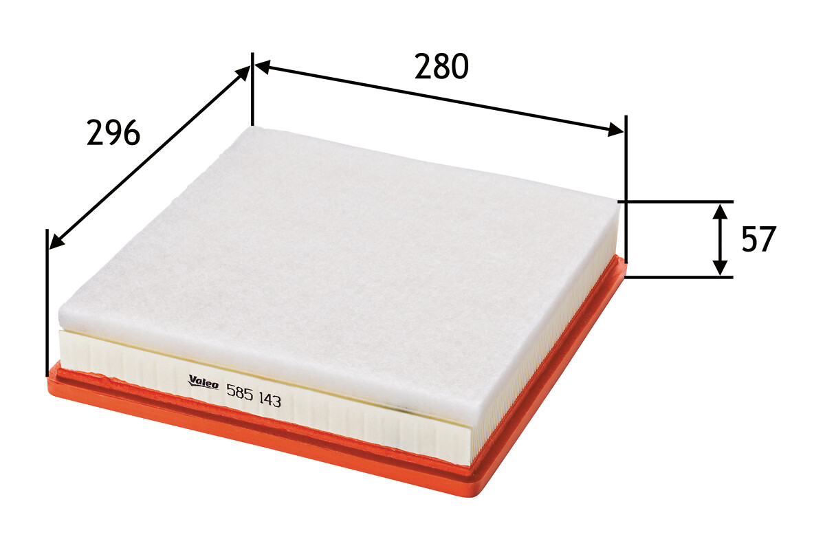 VALEO Luftfilter 585143 Filterindsats length_mm_203|Længde [mm]|296 width_mm_206|Bredde [mm]|282 height_mm_209|Højde [mm]|58 supplementary_articleinfo