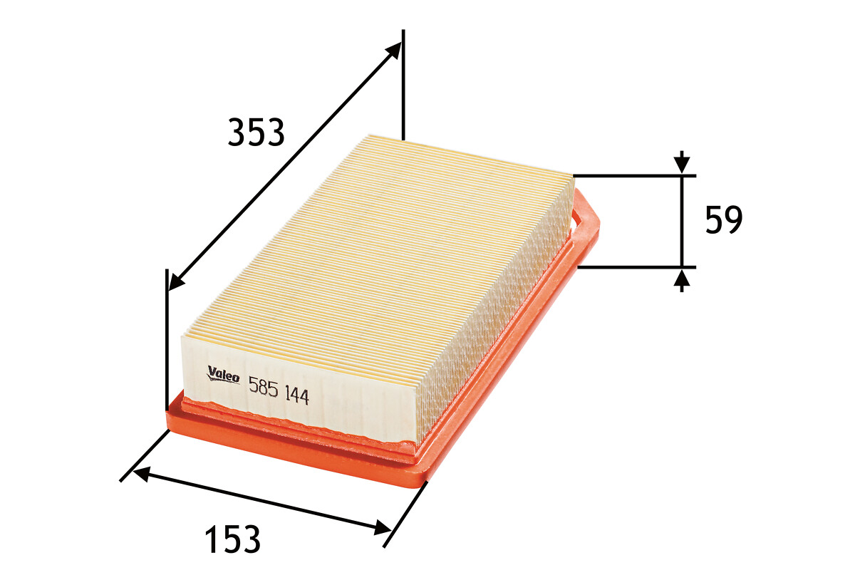 VALEO Luftfilter 585144 Filterindsats length_mm_203|Længde [mm]|358 width_mm_206|Bredde [mm]|152 height_mm_209|Højde [mm]|59 weight_kg_212|Vægt [kg]|0