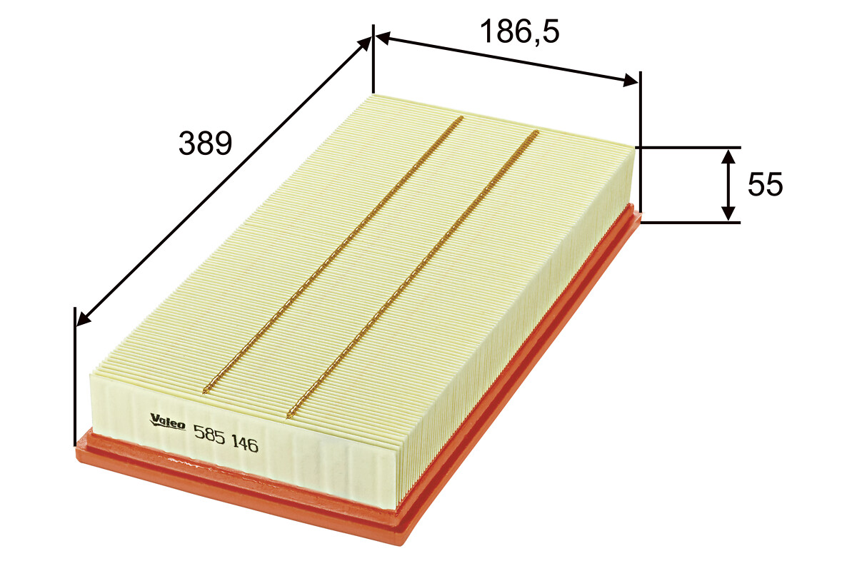 VALEO Luftfilter 585146 Filterindsats length_mm_203|Længde [mm]|389 width_mm_206|Bredde [mm]|187 height_mm_209|Højde [mm]|58 weight_kg_212|Vægt [kg]|0