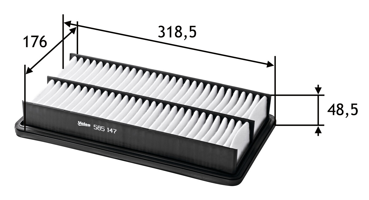 VALEO Luftfilter 585147 Filterindsats length_mm_203|Længde [mm]|321 width_mm_206|Bredde [mm]|177 height_mm_209|Højde [mm]|49 weight_kg_212|Vægt [kg]|0