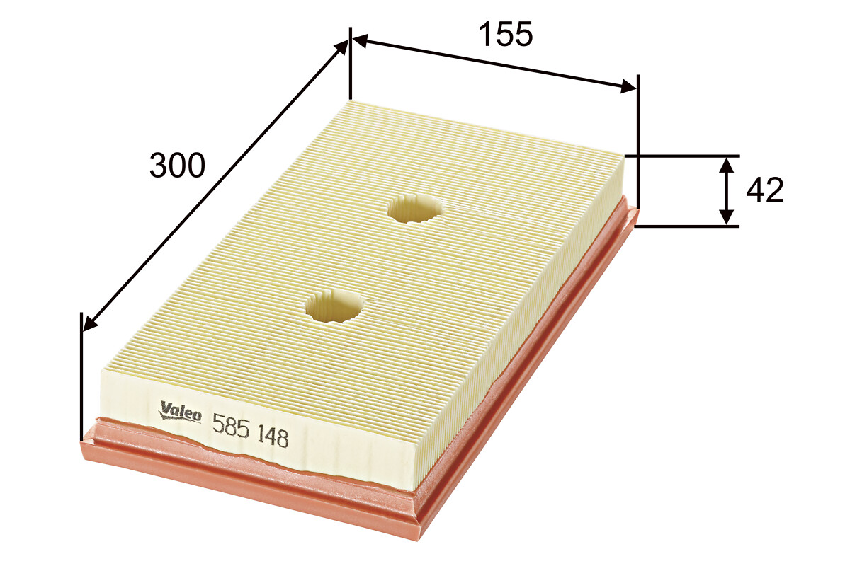 VALEO Luftfilter 585148 Filterindsats length_mm_203|Længde [mm]|300 width_mm_206|Bredde [mm]|155 height_mm_209|Højde [mm]|42 weight_kg_212|Vægt [kg]|0