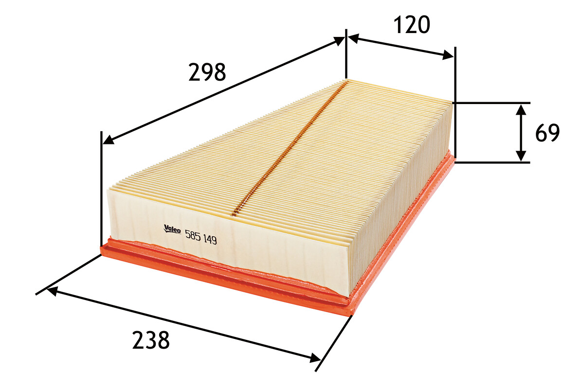 VALEO Luftfilter 585149 Filterindsats length_mm_203|Længde [mm]|300 width_mm_206|Bredde [mm]|240 width_1_mm_818|Bredde 1 [mm]|238 width_2_mm_819|Bredd