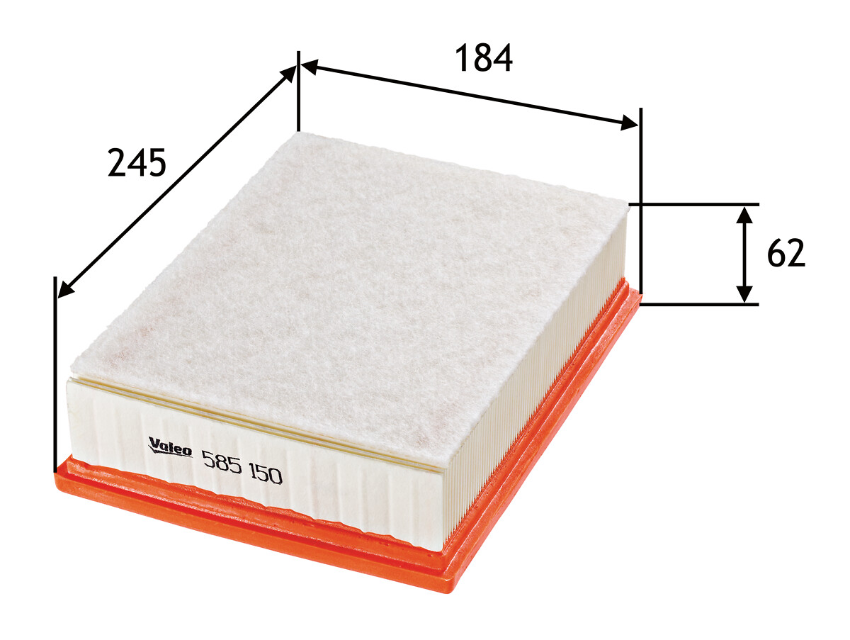 VALEO Luftfilter 585150 Filterindsats length_mm_203|Længde [mm]|246 width_mm_206|Bredde [mm]|184 height_mm_209|Højde [mm]|57 supplementary_articleinfo