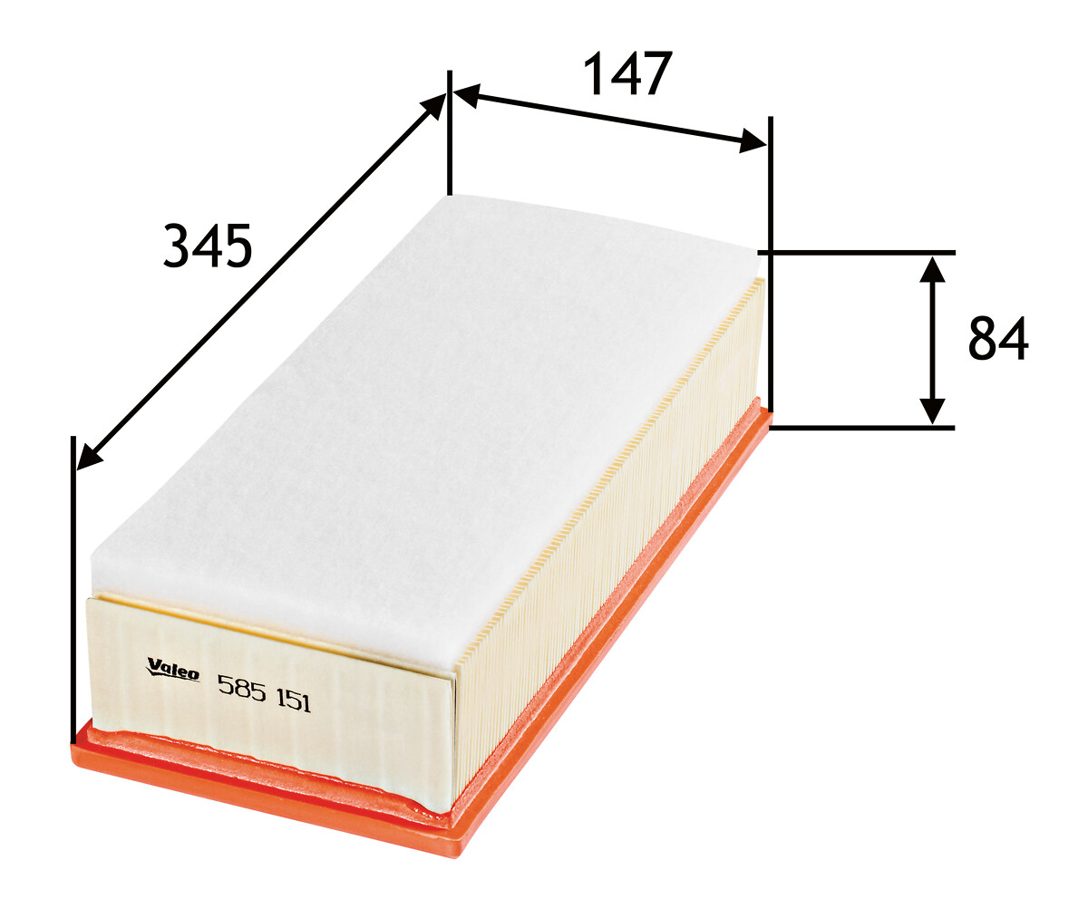 VALEO Luftfilter 585151 Filterindsats length_mm_203|Længde [mm]|346 width_mm_206|Bredde [mm]|148 height_mm_209|Højde [mm]|70 supplementary_articleinfo