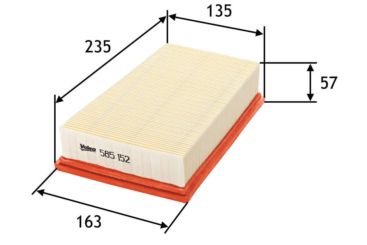VALEO Luftfilter 585152 Filterindsats length_mm_203|Længde [mm]|235 width_mm_206|Bredde [mm]|165 width_1_mm_818|Bredde 1 [mm]|162 width_2_mm_819|Bredd